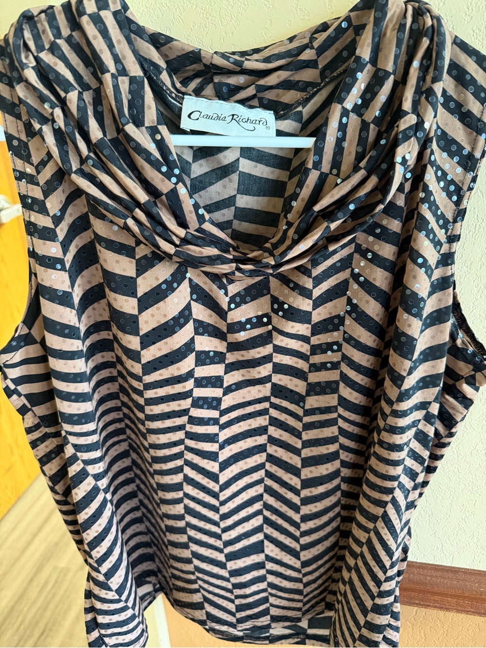 Claudia Richard Black and Tan Striped Draped Neck Sleeveless Camisole